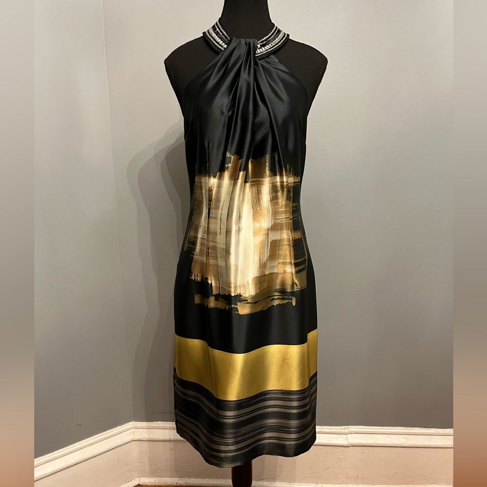 BNWOT Nueva Black and Gold Halter Dress, size 6